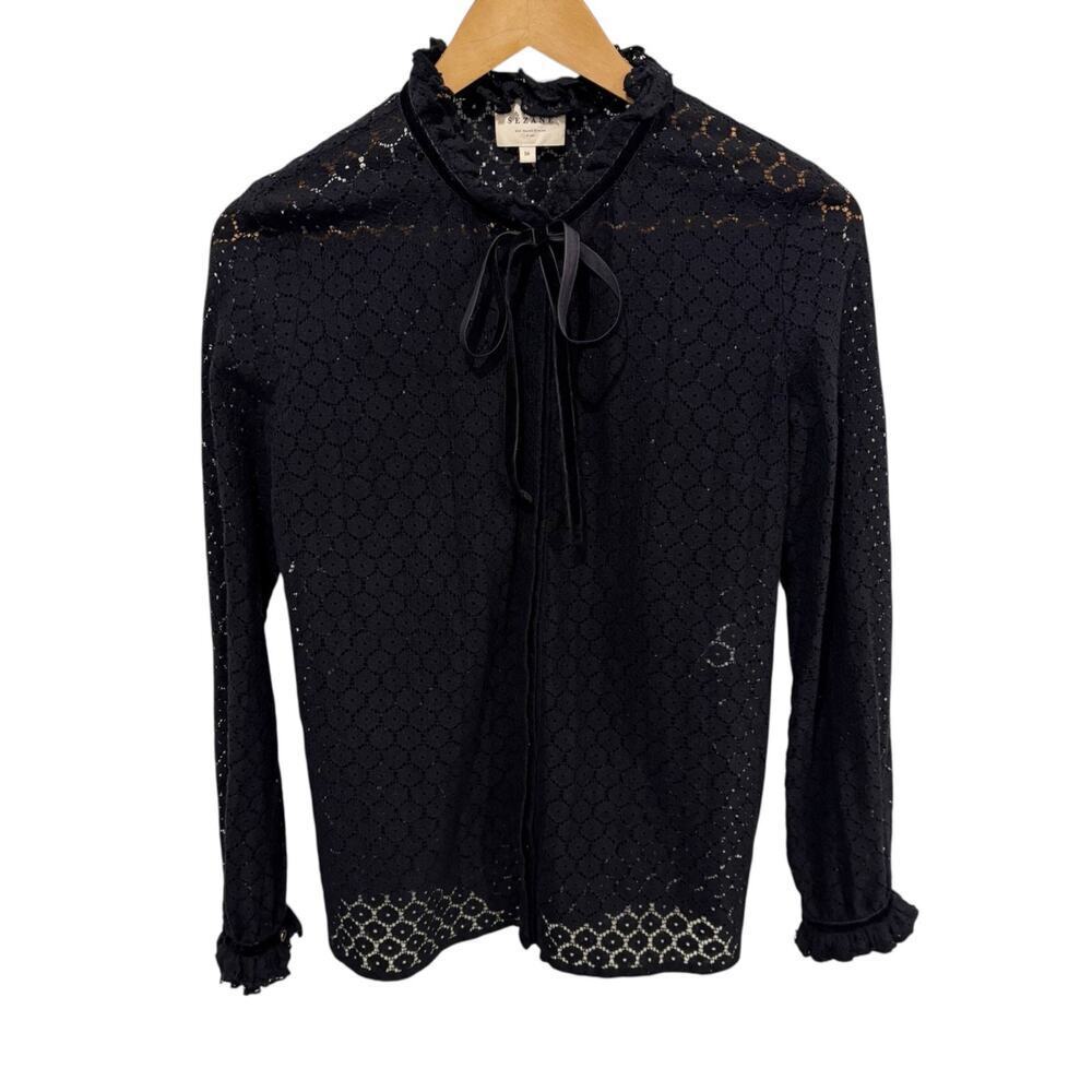Sezane Lace High Neck Blouse Velvet Tie Black Women's 36/ US 4 Long Sleeve